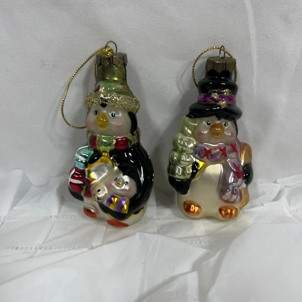 2 Blown Glass Penguins Christmas Ornament Colorful Gold Scrollwork Cap Gift Tree